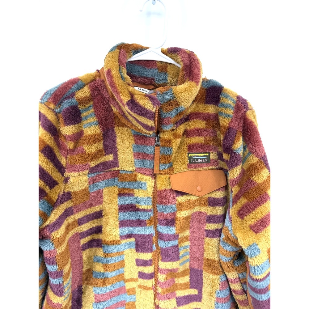 NEW LL Bean Hi-Pile Fleece Jacket Women L Gold Orange Blue Aztec Western Outdoor
